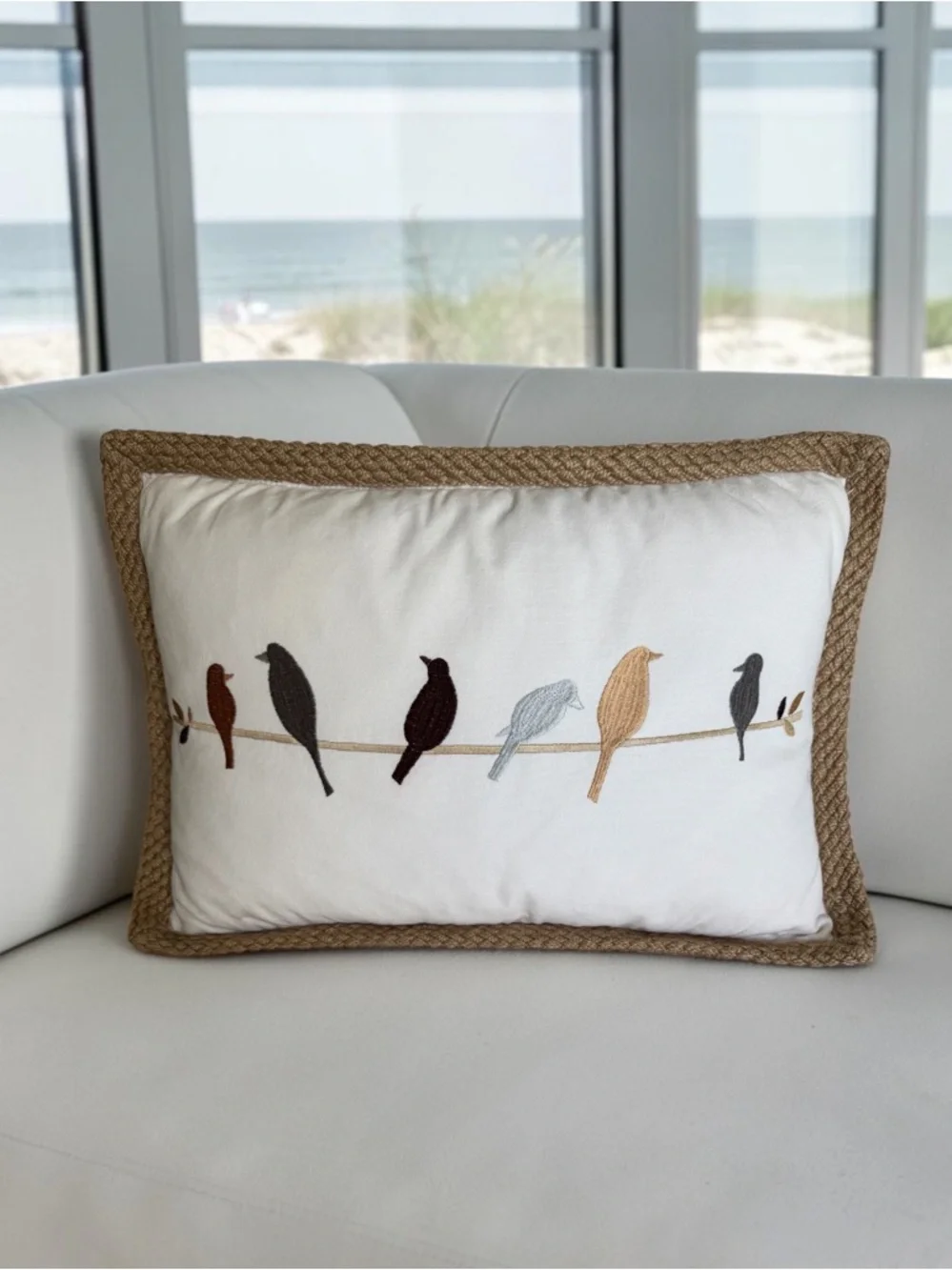 DOMAIN Cotton Jute Embroidered Bird Accent Pillow Duck Feather Insert 14x21